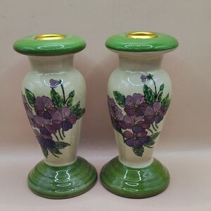 Pair Of Vintage Hand-Painted Ceramic Candlestick Holders With Purple Violets 6"